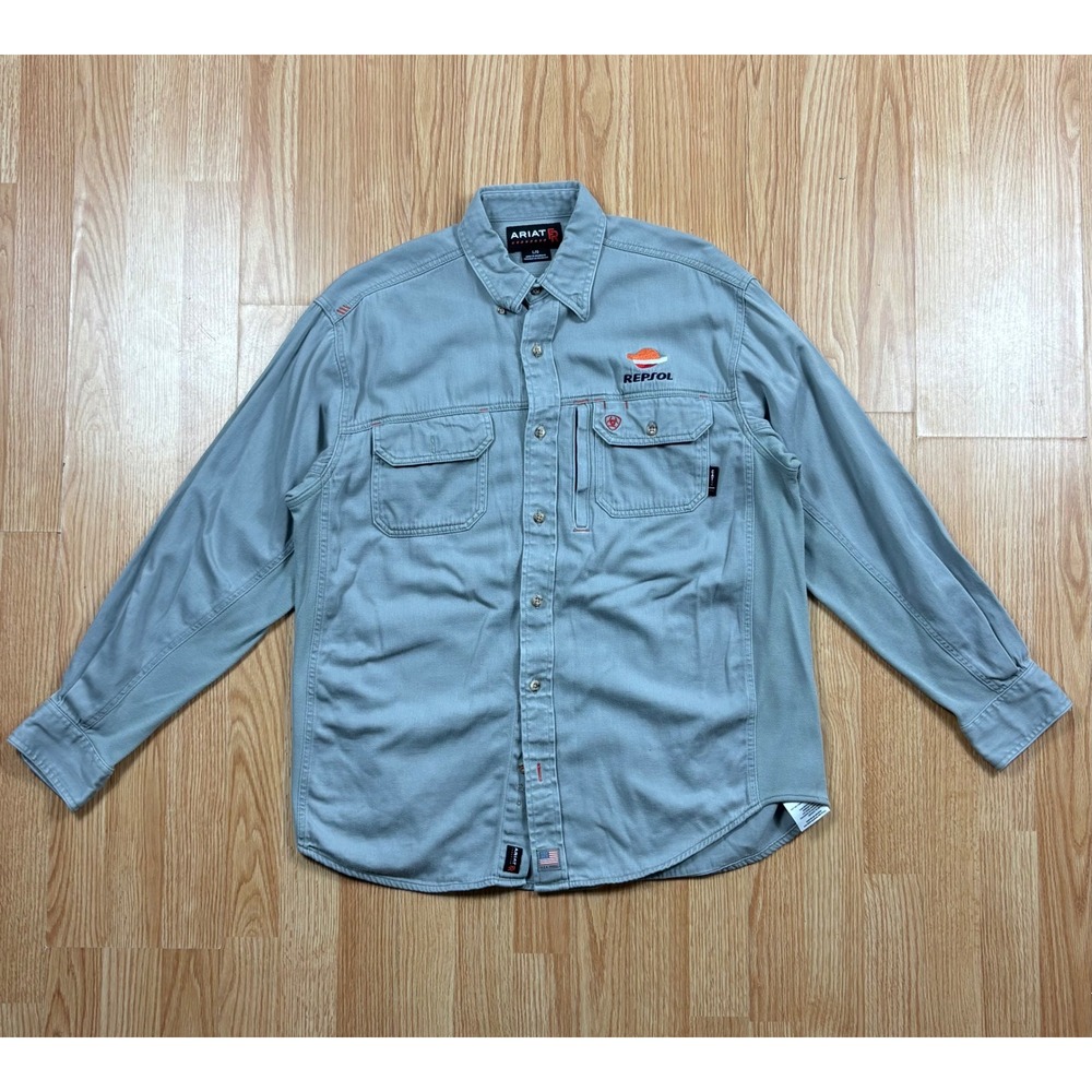 Ariat FR Repsol Mens Gray Flame Resistant Work Shirt CAT 2 Large L Long Sleeve